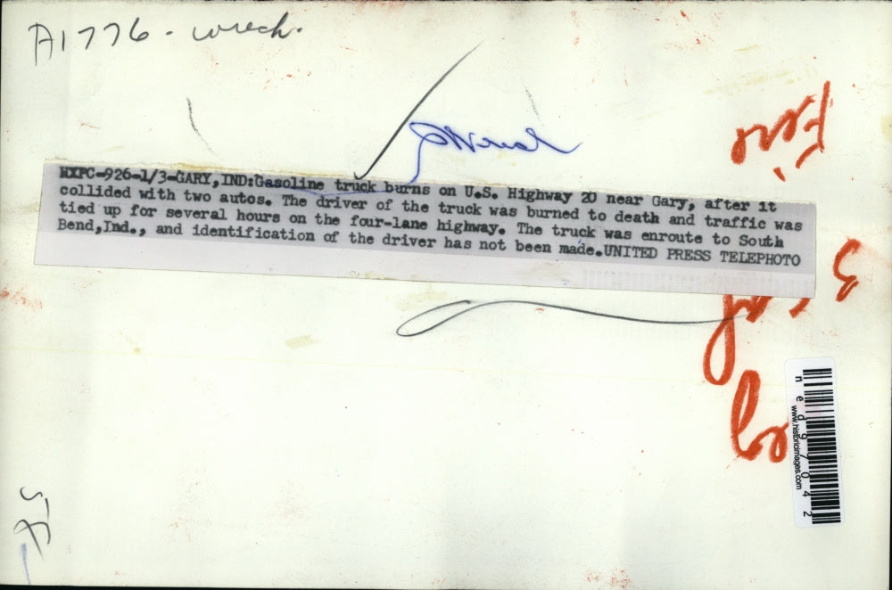 Press Photo Gary Ind burning wreck of gas tanker truck & two autos - ned97042