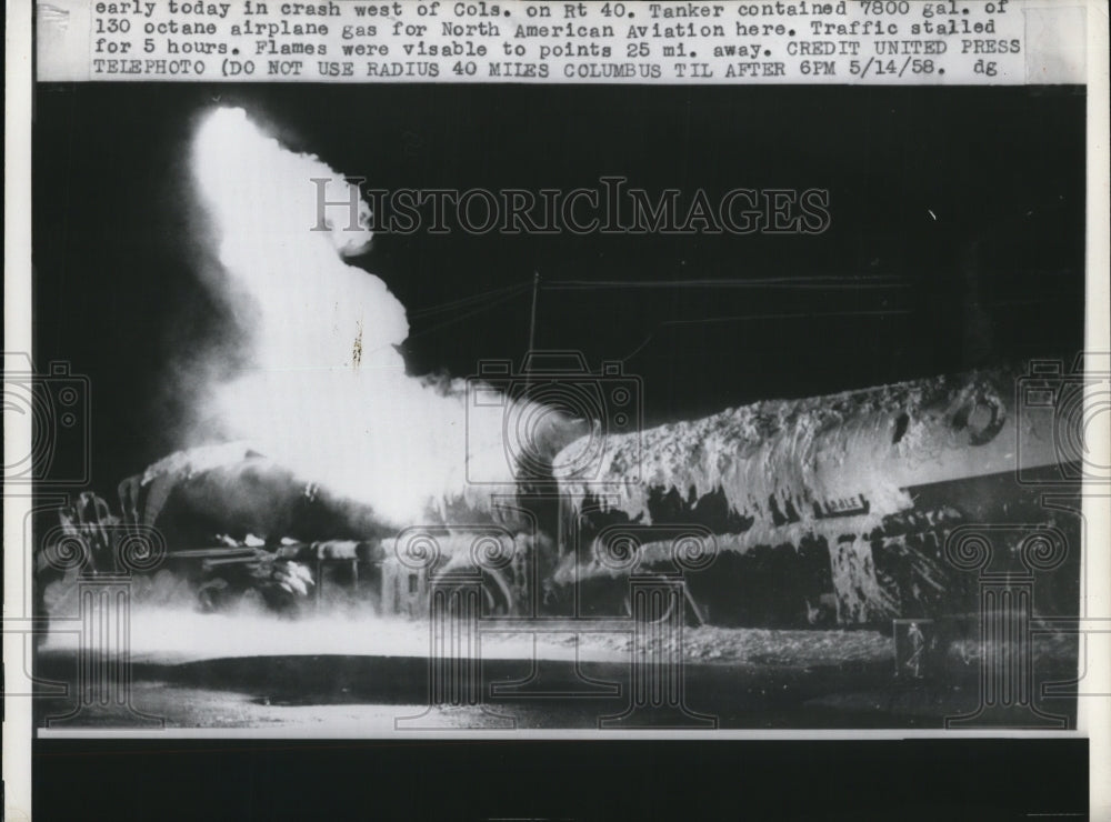1958 Press Photo Columbus Ohio burning wreck of gas tanker truck