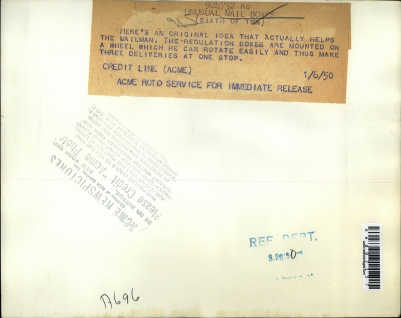 Load image into Gallery viewer, 1950 Press Photo An original trio of mailboxes on a wagon wheel

