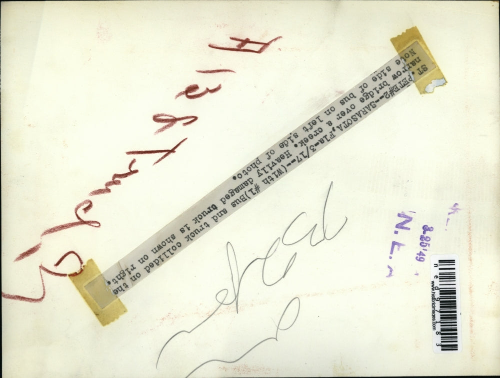 1949 Press Photo Sarasota Fla tractor trailer jack knifed over a bridge