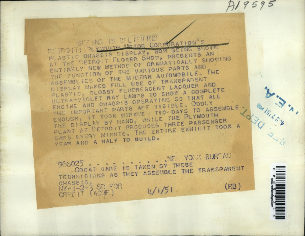 1951 Press Photo Detorit MichPlymouth Motor Corp techs & plastic engine model