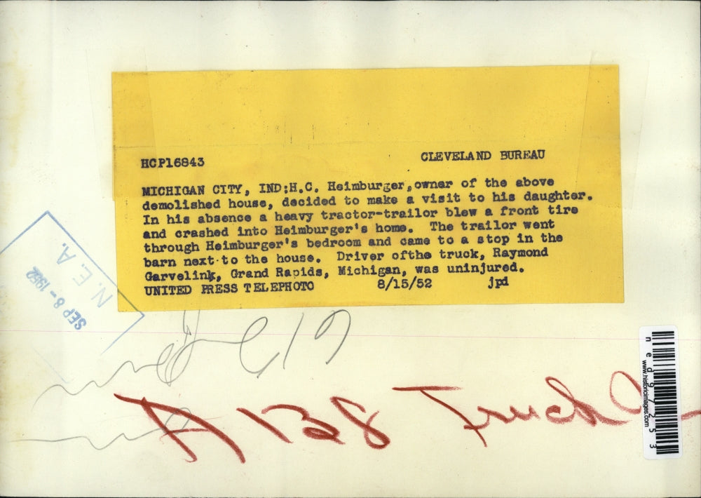 1952 Press Photo Michigan City Ind HC Heimburger house hit by semi truck