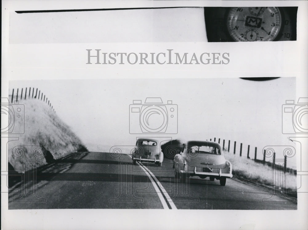 1957 Press Photo Car Passing on Curve No Passing Zone- Historic Images