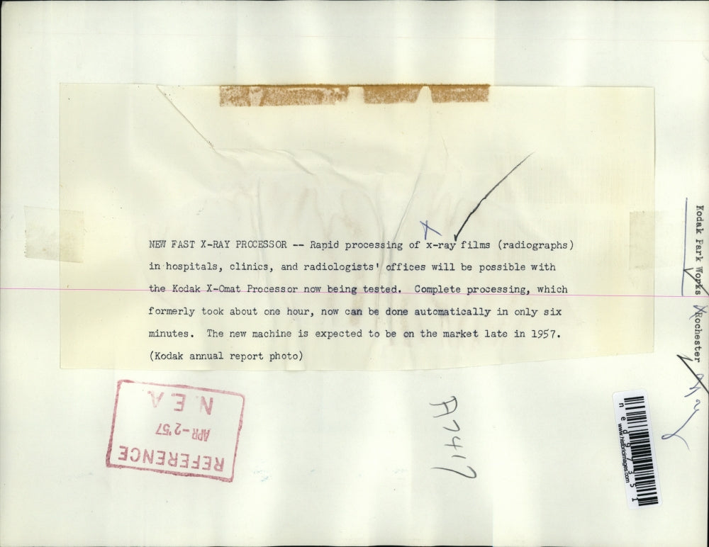 1957 Press Photo The Kodak X-Omat Processor being tested for rapid processing