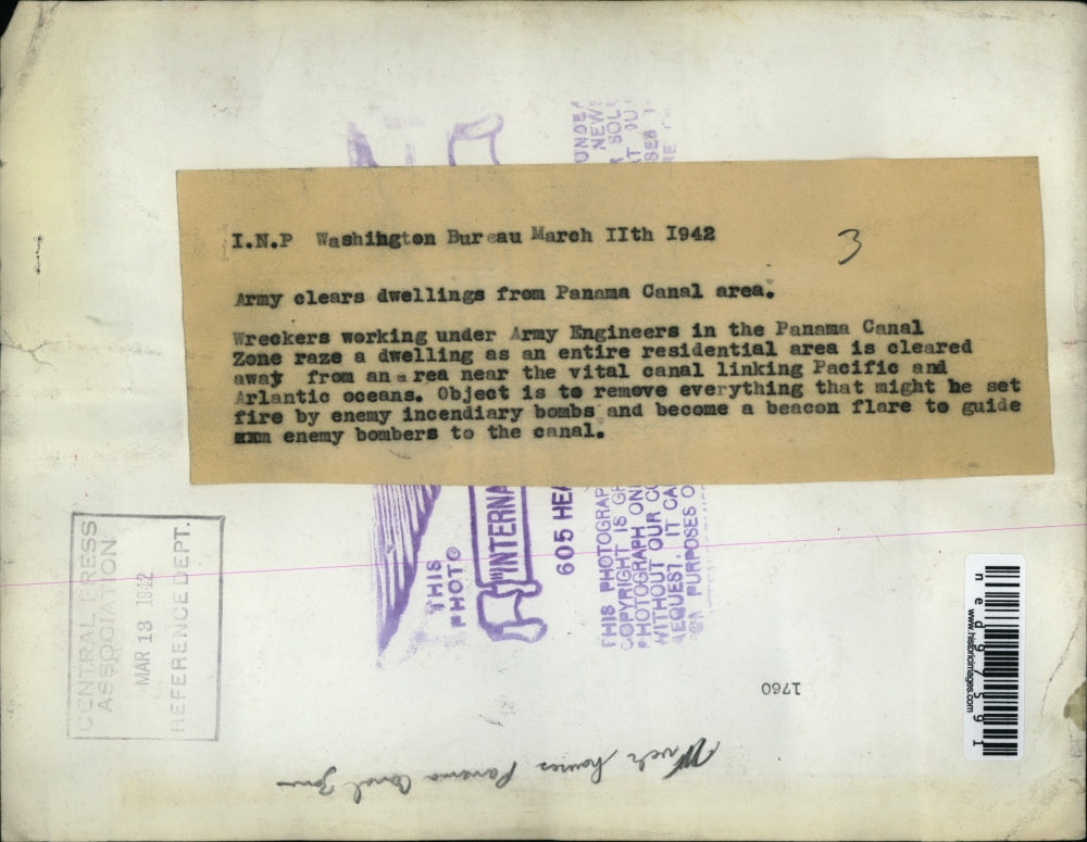 1942 Press Photo Panama Canal Zone dwellings razed for canal building