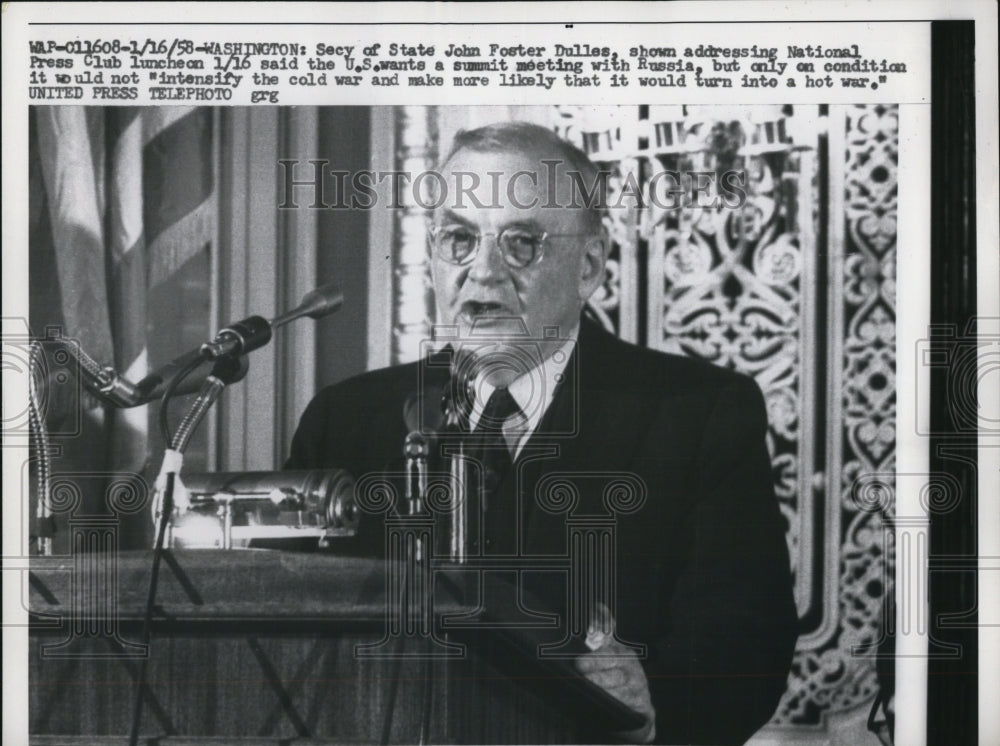 1958 Press Photo Wash DC Sec of State John Foster Dulles press confrence