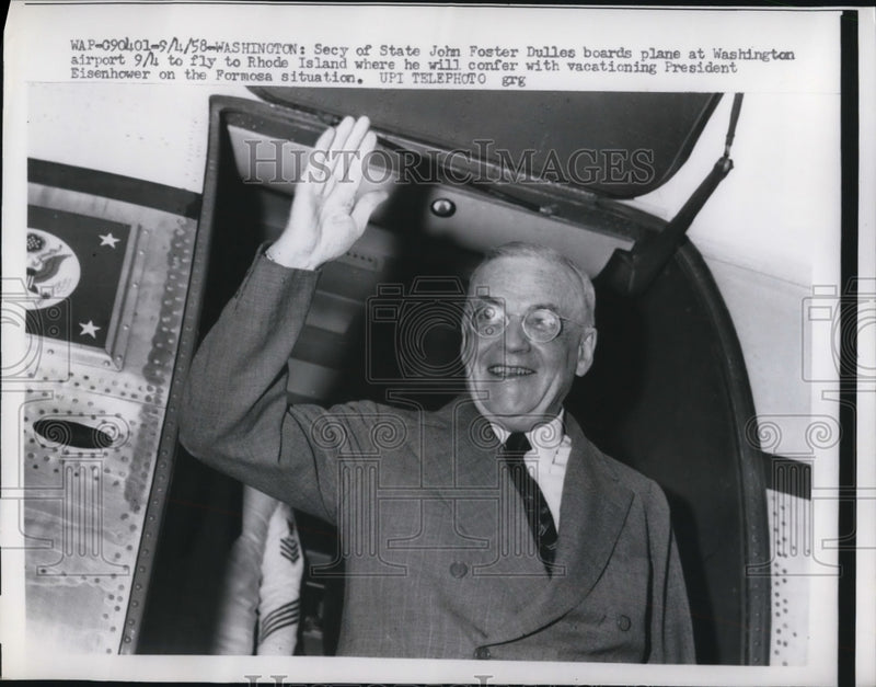 Load image into Gallery viewer, 1958 Press Photo Wash DC Sec of State John Foster Dulles heads to RI
