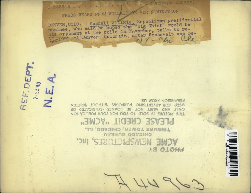 1940 Press Photo of Wendell Willkie (R) Republican Presidential nominee.