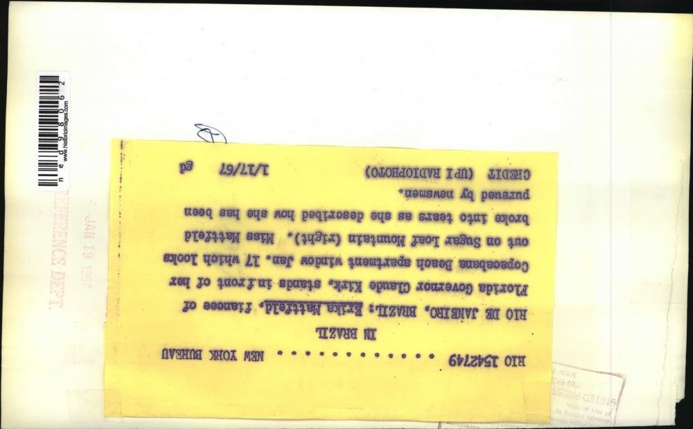 1967 Press Photo Rio de Janiero Brazil Erika Mattdeld fiancee Fla Gov C Kirk