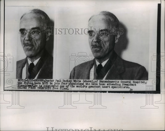 1955 Press Photo Denver Colo Dr Paul Dudley White tend Pres Eisenhower