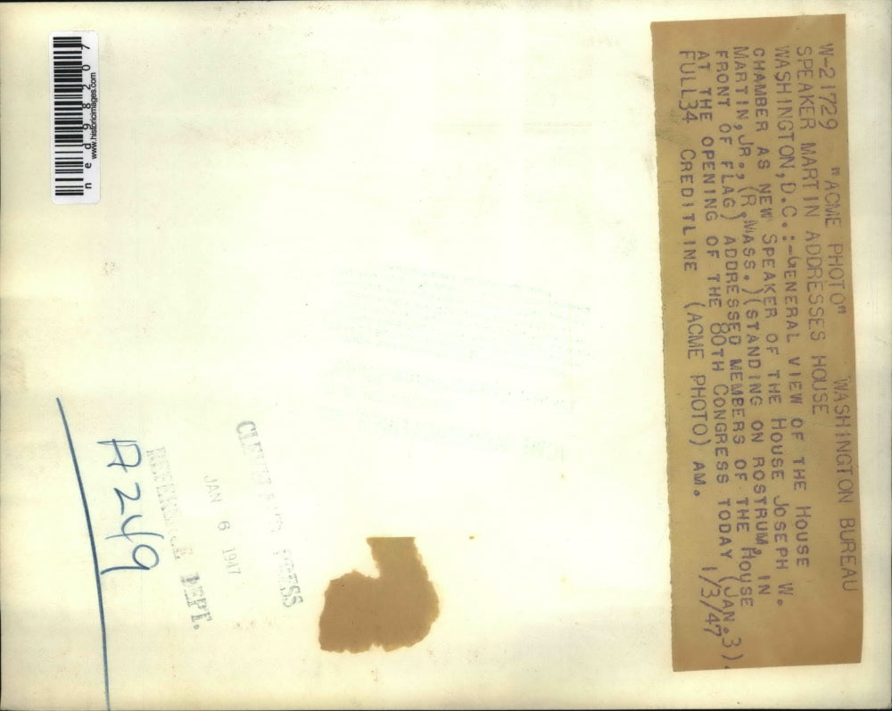 1947 Press Photo Joseph W. Martin Jr. talks to House Chamber in Washington DC