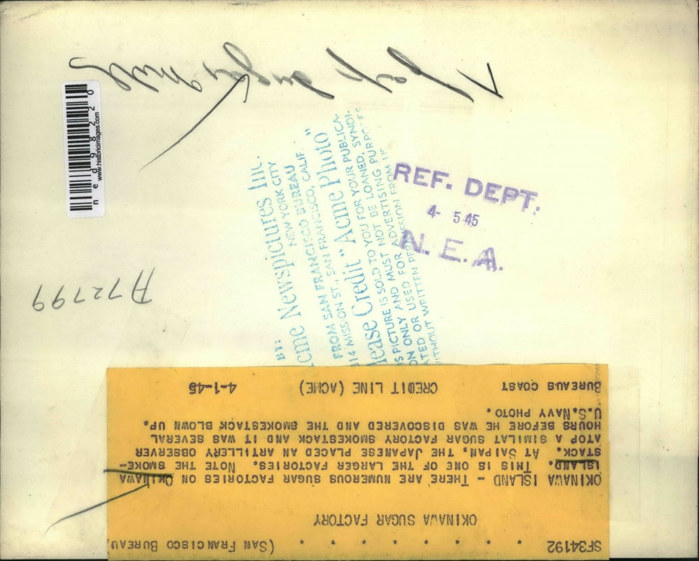 1945 Press Photo Sugar factory in Okinawa Island Artillery Observatory on top