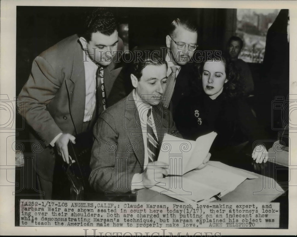 1949 Press Photo La Calif Claude Marsan, Barbara Weir &amp; attys at court- Historic Images