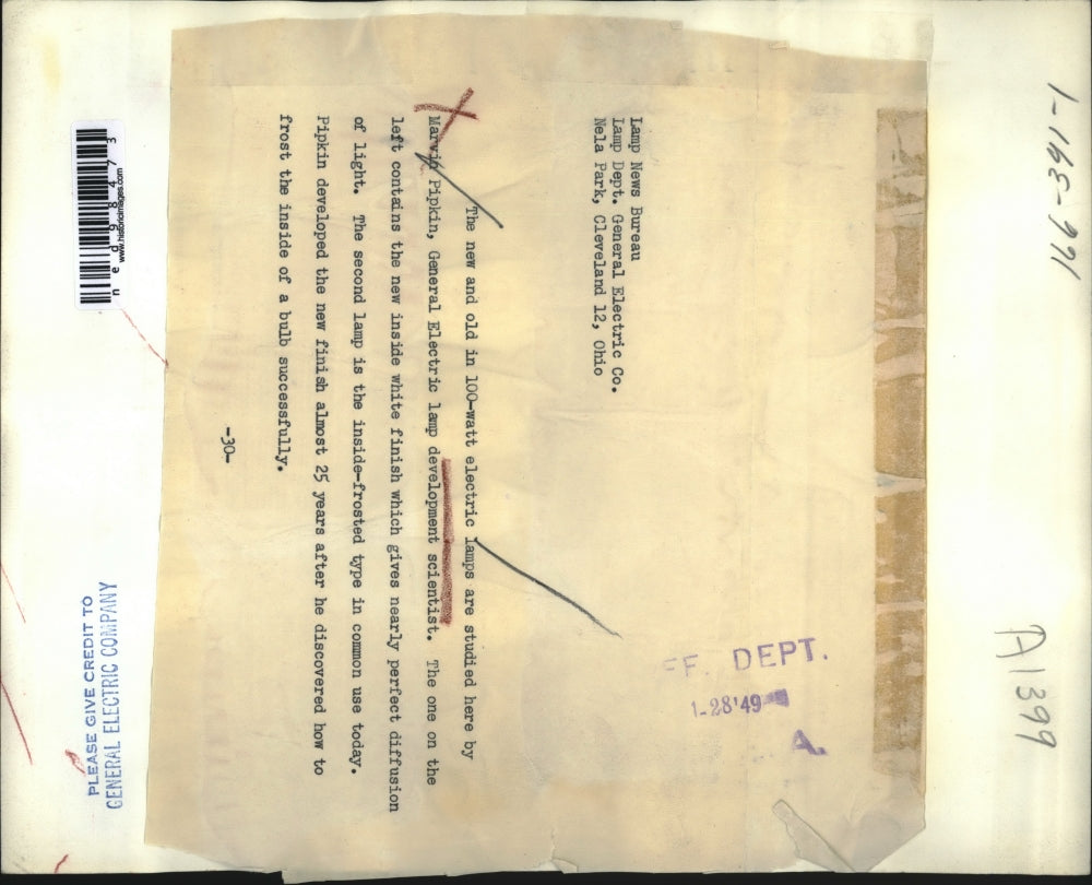 1949 Press Photo Electric lamps by the General Electric Company Marvin Pipkin