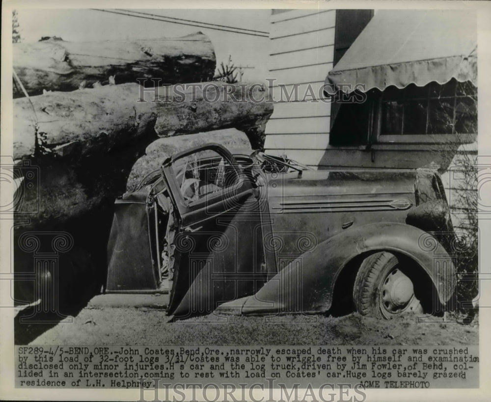 1948 Press Photo Bend Oregon John Coates ok after car crushed by logs