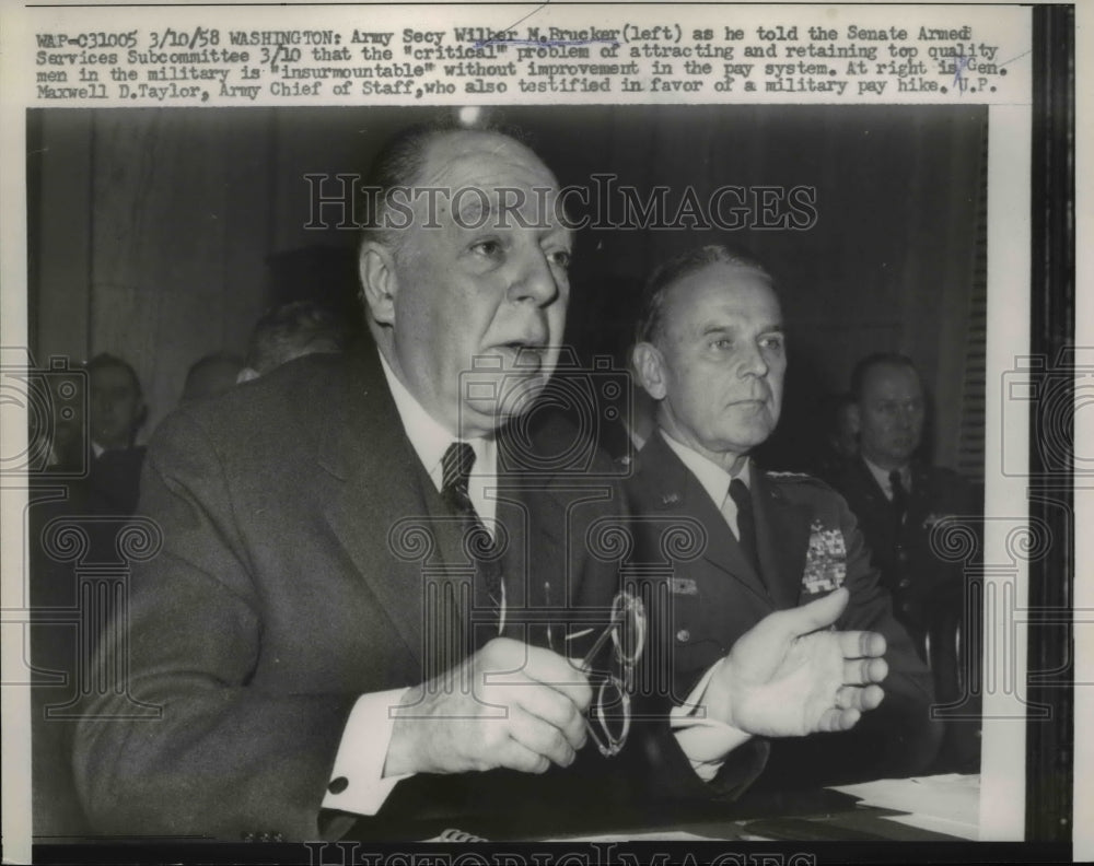1958 Press Photo Wilber M. Brucker talks to Senate Armed Services Subcommittee