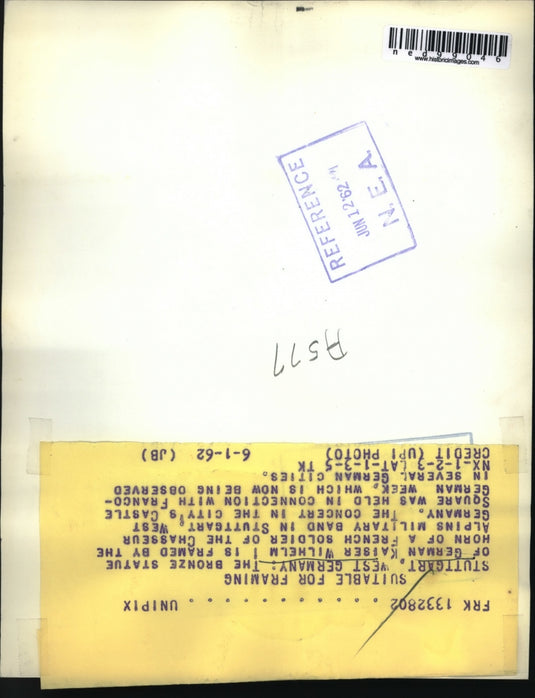 1962 Press Photo Statue of German Kaiser Wilhelm Framed by Horn of Soldier