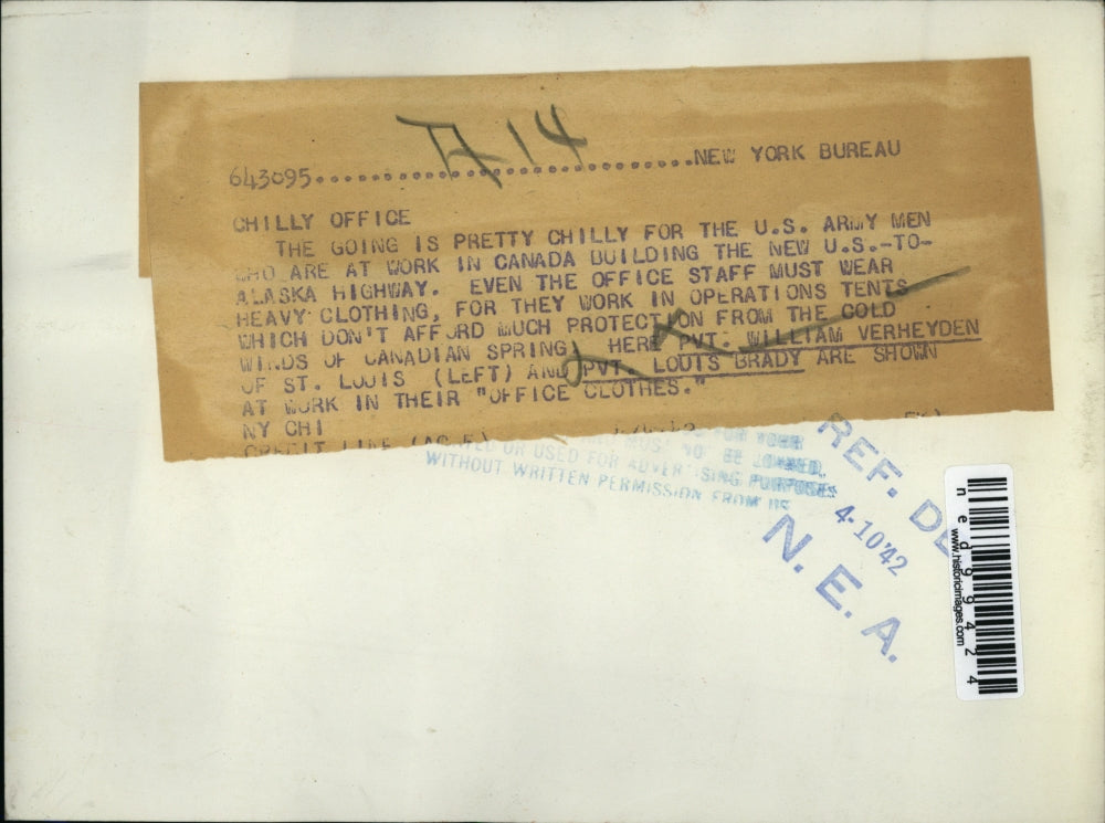 1942 Press Photo Wm Verheyden, Pvt L Brady US Army work on Canada highway