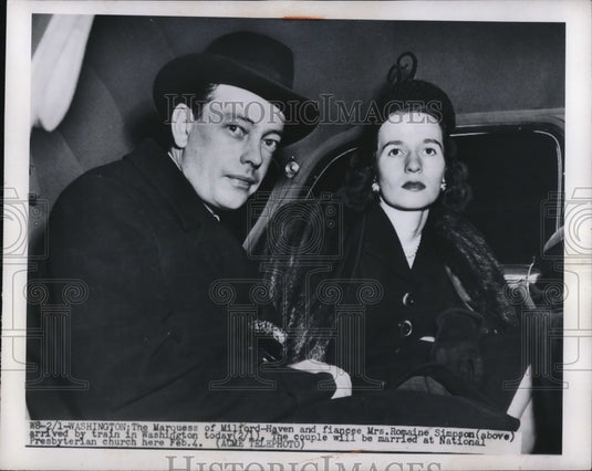 1950 Press Photo Wash DC Marquess of Milford Haven & fiancee Mrs R Simpson