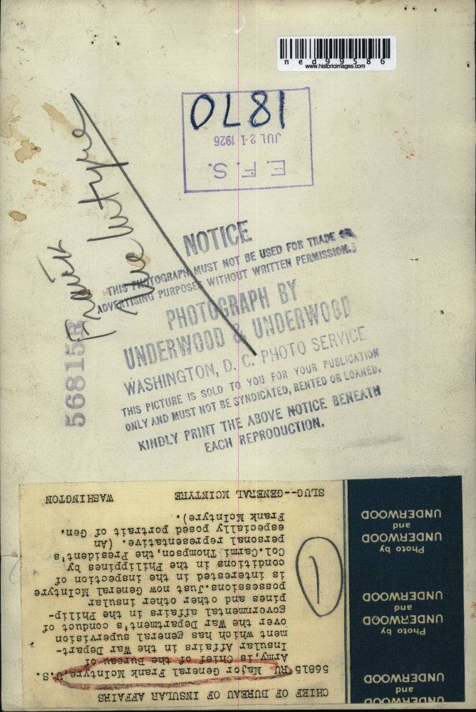 1926 Press Photo Maj Gen Frank McIntyre US Army Chief