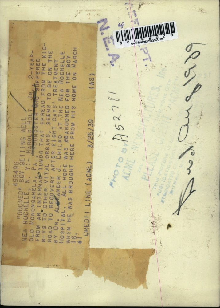 1939 Press Photo Harold Holt suffers from internal tumor, recovery in NY