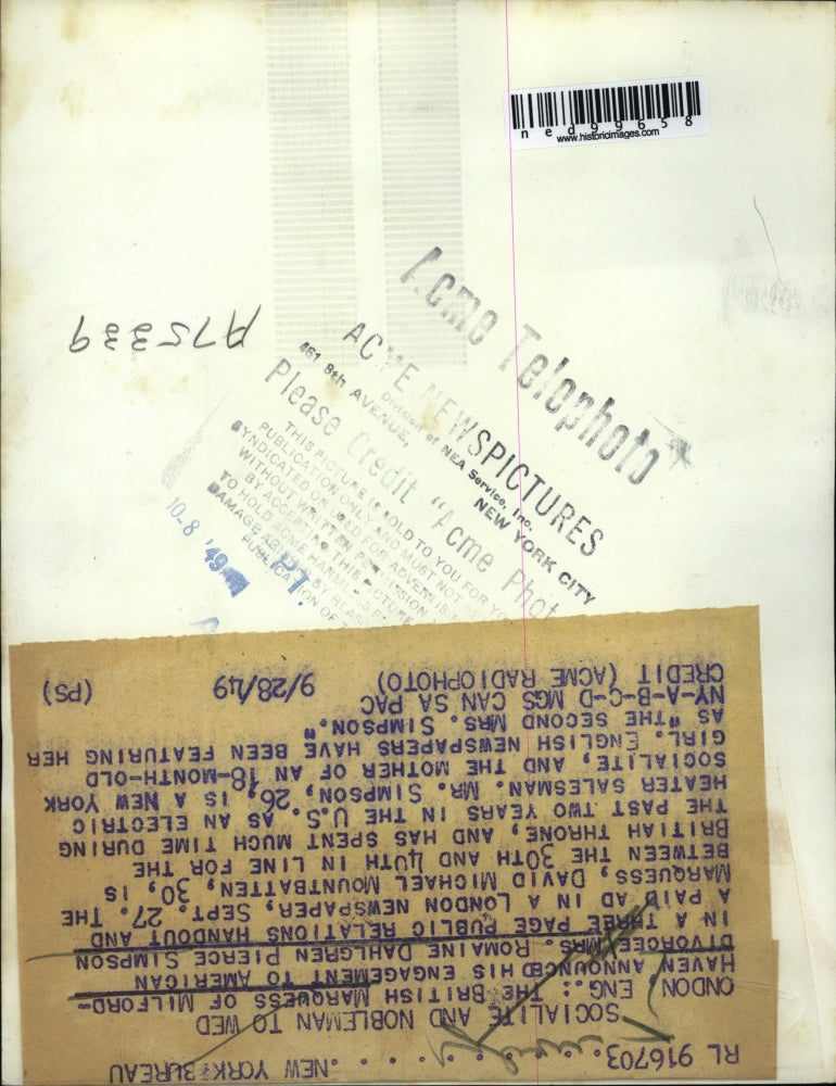 1949 Press Photo of Marquess of Milford-Haven and Mrs. Romaine Dahlgren Pierce