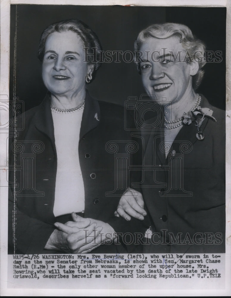 Load image into Gallery viewer, 1954 Press Photo Wash DC Mrs Eve Bowring new Neb Senator &amp; Sen M Chase Smith
