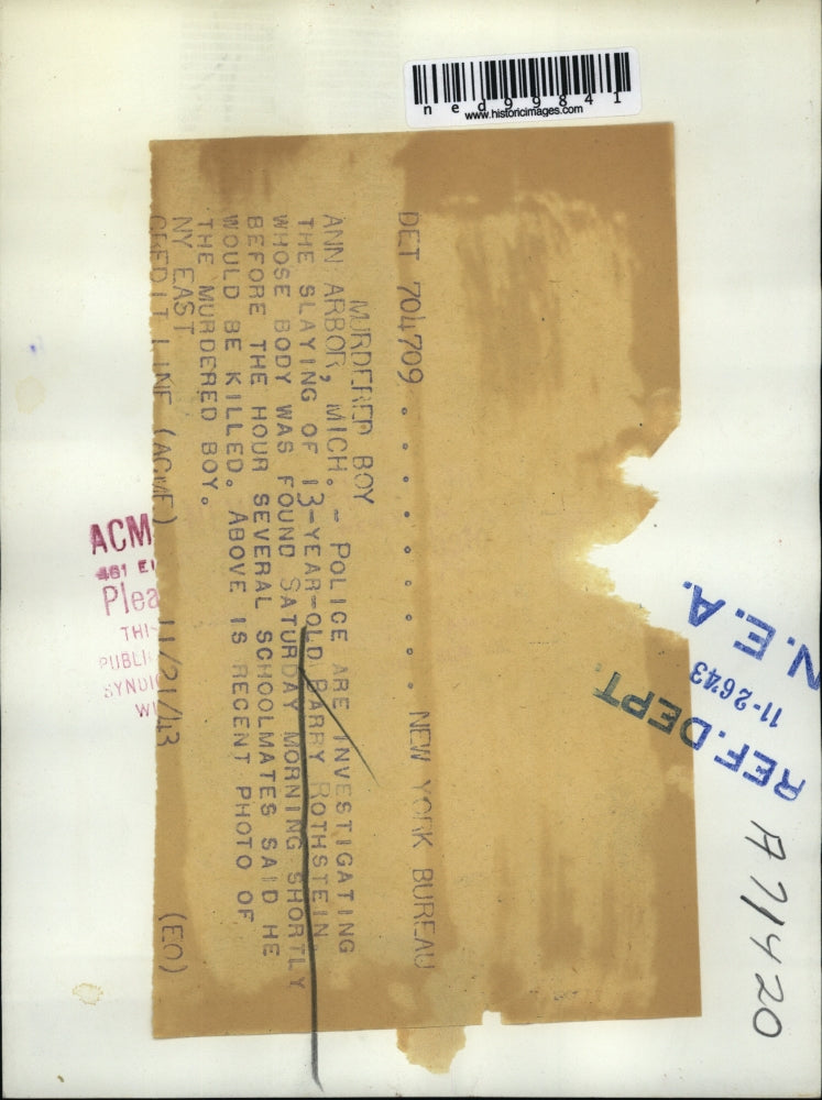 1943 Press Photo of 13 year old Barry Rothstein who was murdered. - ned99841