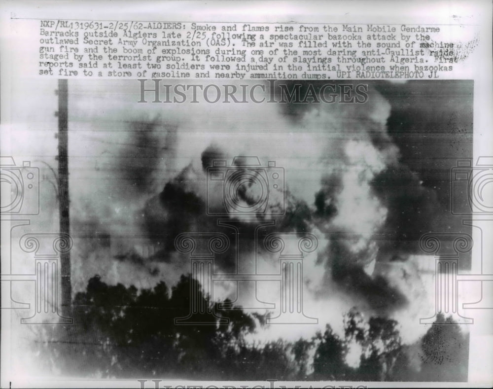 1962 Press Photo Smoke and Flame from the Main Mobile Gendarme Barracks