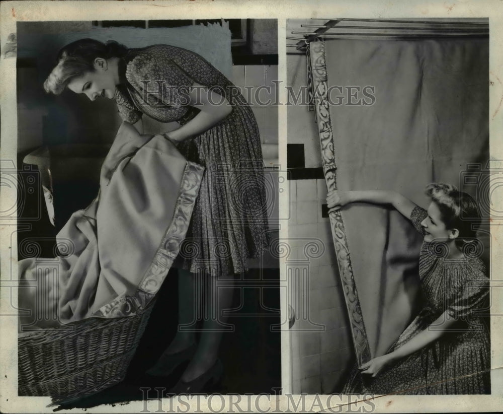 1942 Press Photo Woman Hanging Up an Embroidered Blanket - nee00971
