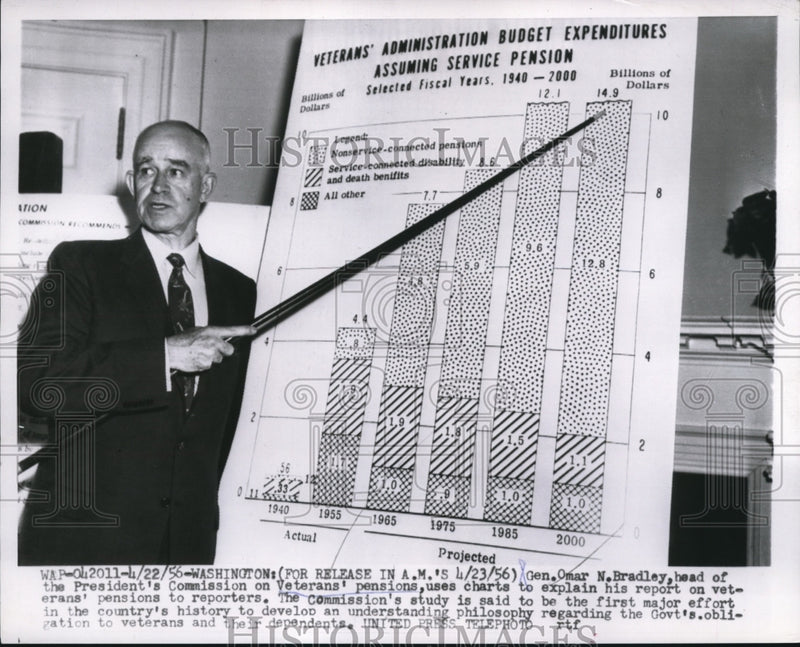 Load image into Gallery viewer, 1956 Press Photo Wash Dc Gen Omar Bradley head of VA Commission - nee02752

