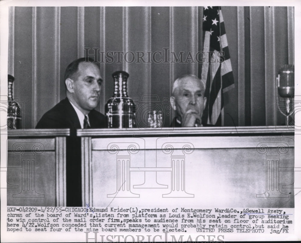 1955 Press Photo Edmund Krider Sewell Avery Montgomery Ward & Co Hearing Chicago