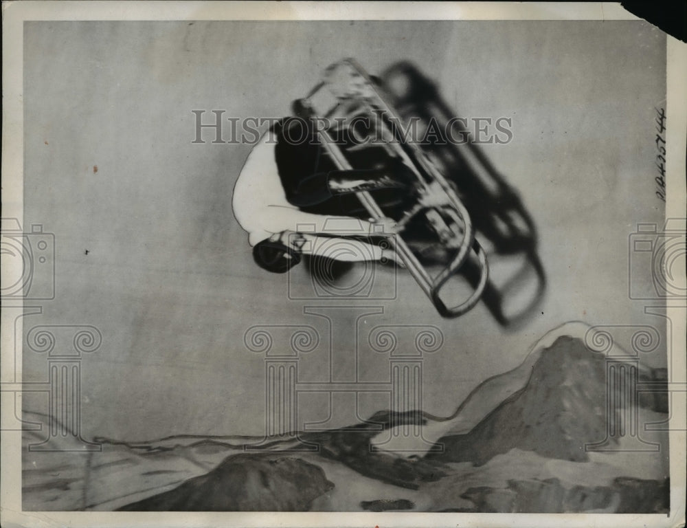 1938 Press Photo Daredevil Karl Leinert Somersaults on Bobsled at 60 MPH
