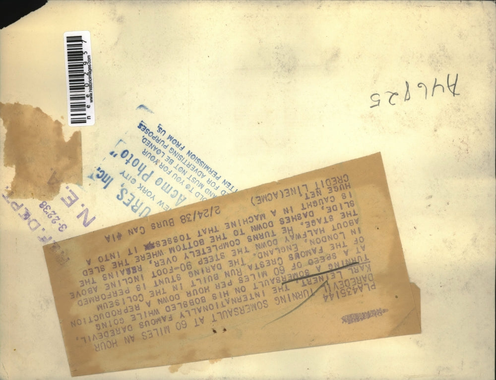 1938 Press Photo Daredevil Karl Leinert Somersaults on Bobsled at 60 MPH