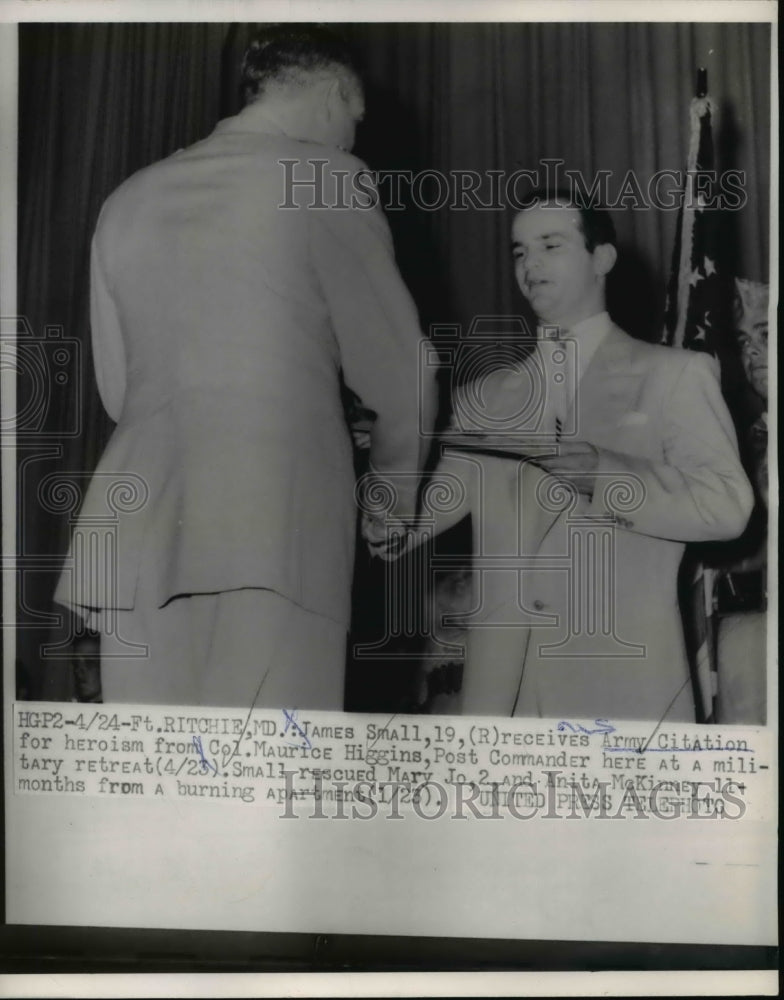 1954 Press Photo James Small Receives Army Citation for Heroism From Colonel Hig