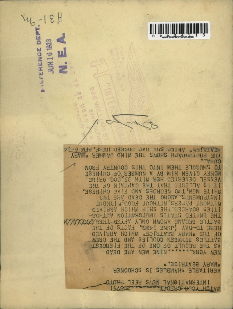 1923 Press Photo Wind Jammer Mary Beatrice Docked in New York - nee04513