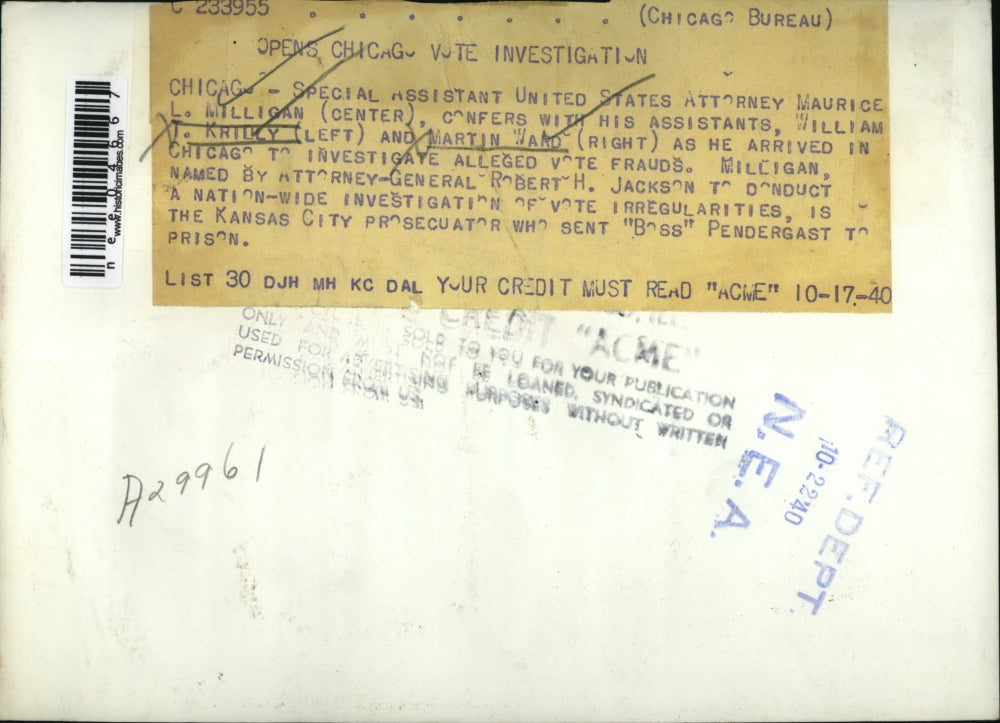 1940 Press Photo Maurice Milligan, William Krilly, and Martin Ward in Chicago