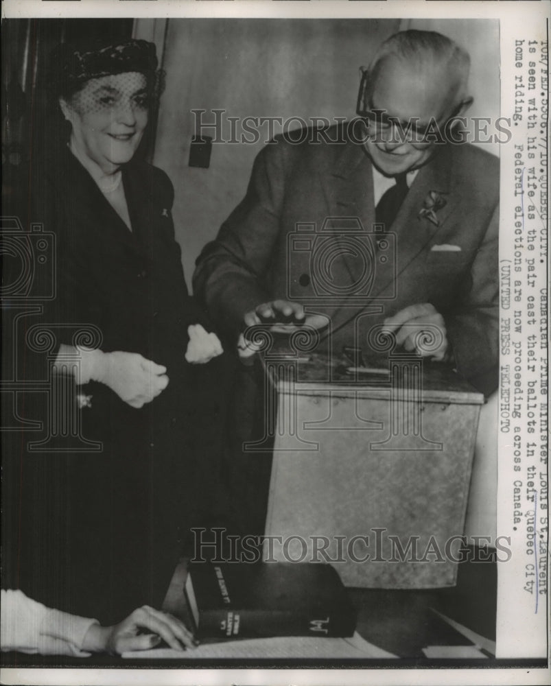 1957 Press Photo Quebec City Canadian Prime Minister Louis St Laurtence & wife