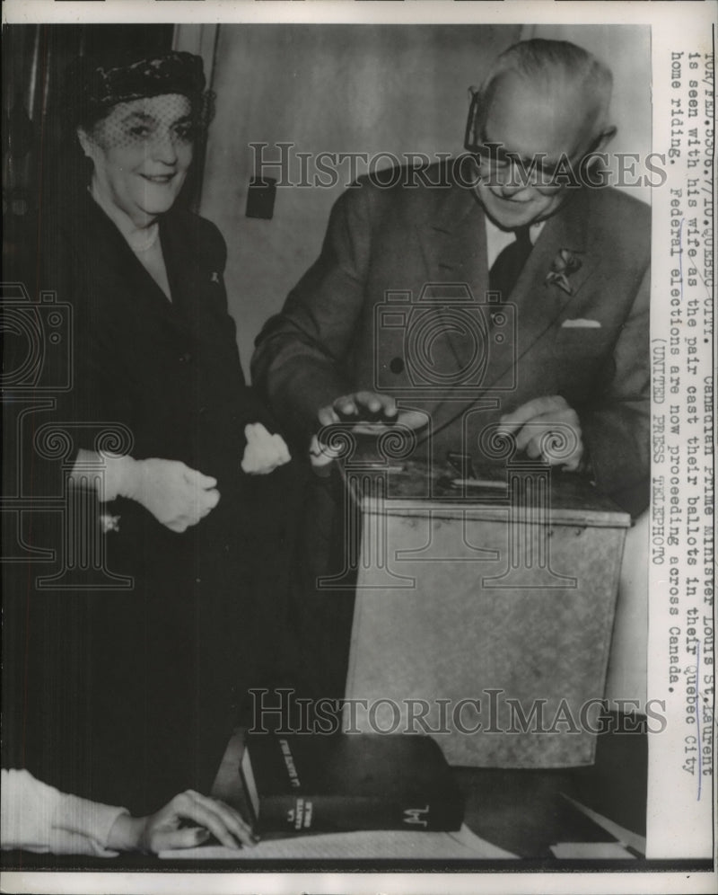Load image into Gallery viewer, 1957 Press Photo Quebec City Canadian Prime Minister Louis St Laurtence &amp; wife
