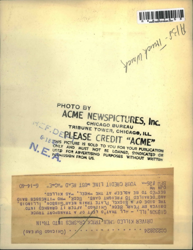 1940 Press Photo Pearl Beck Killed Transport Truck & Train Wreck Gibson Illinois