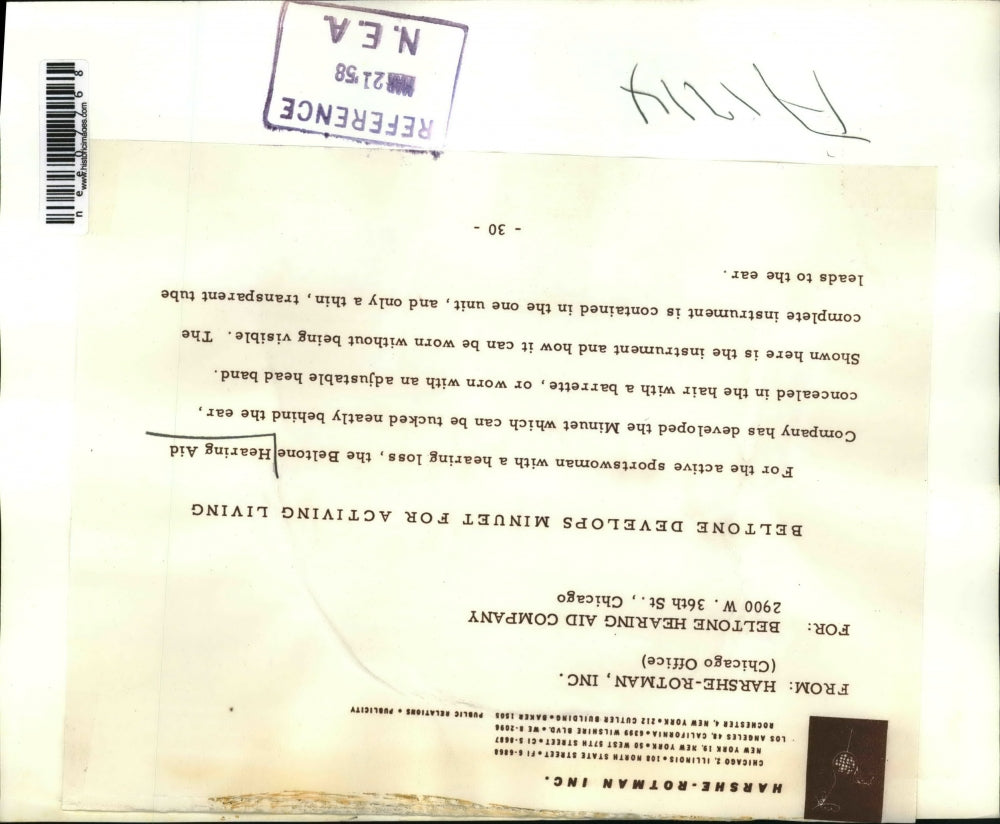 1958 Press Photo of an ad letter for a Beltone hearing aid. - nee07768