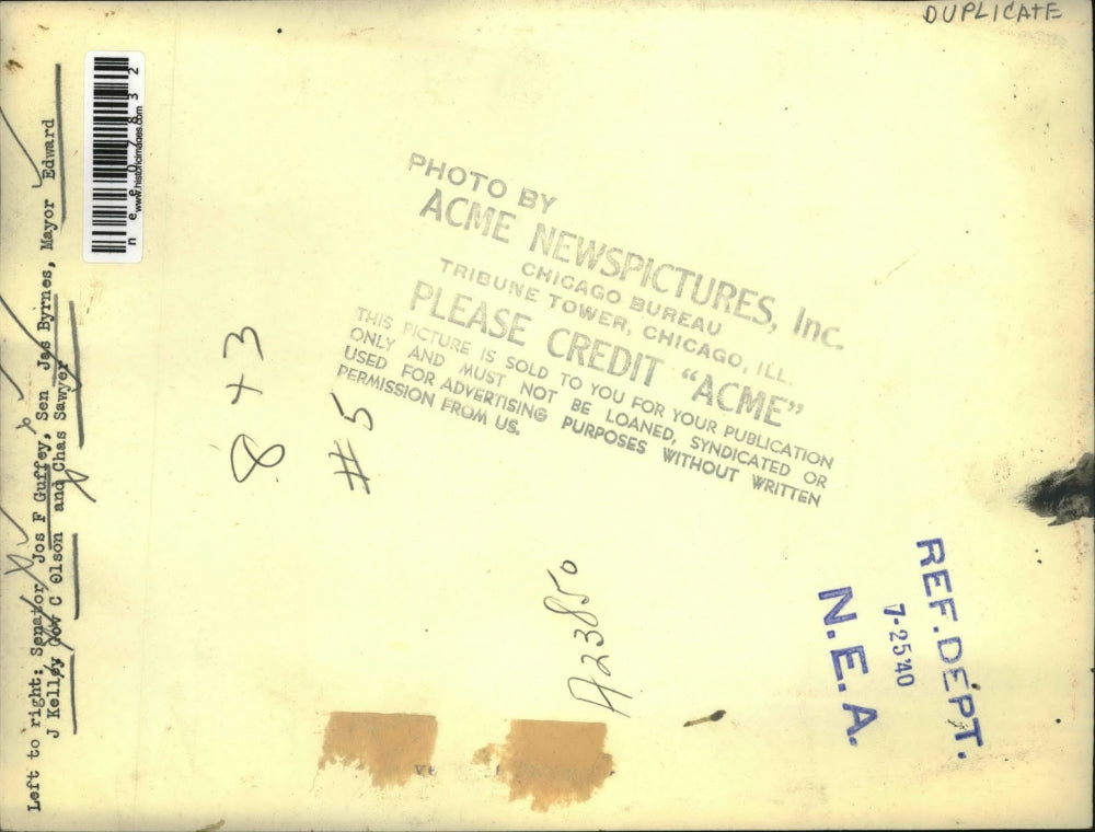 1940 Press Photo of L-R Sen. Joe Guffey, Sen. Jas Byrnes, Mayor Edward J. Kelley