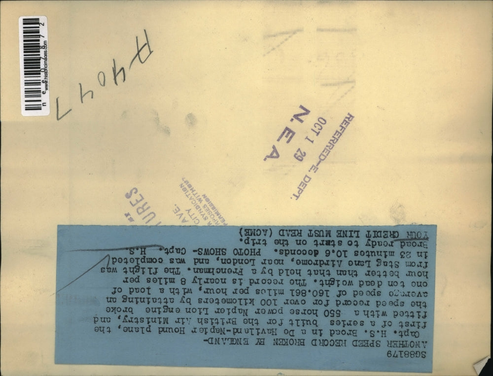 1929 Press Photo Captain HS Broad in Havilan Napier Hound Plane