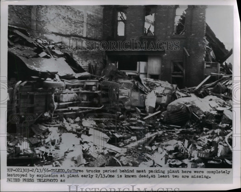 Load image into Gallery viewer, 1956 Press Photo 3 Truck at Meat Packing Facility Destroyed Due to Explosion
