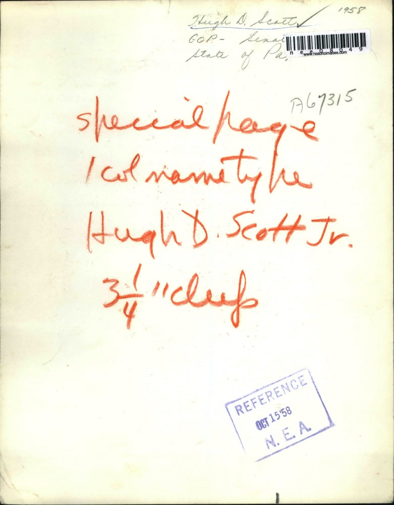 1958 Press Photo Hugh D Scott GOP Senator state of PA - nee08049