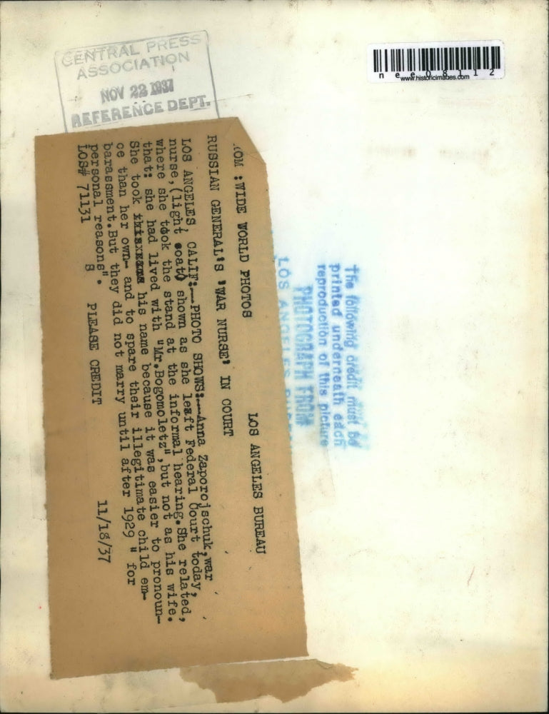 1937 Press Photo War Nurse Anna Zaporojschuk Leaving Court, Los Angeles