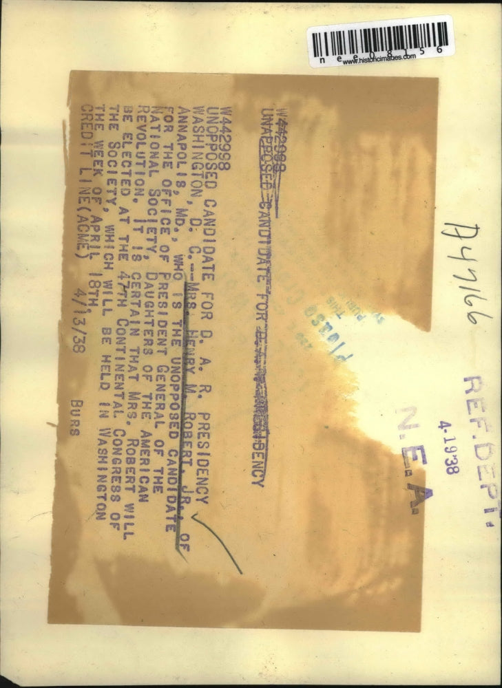 1938 Press Photo Mrs. Henry M. Roberts Jr, Daughters of American Revolution