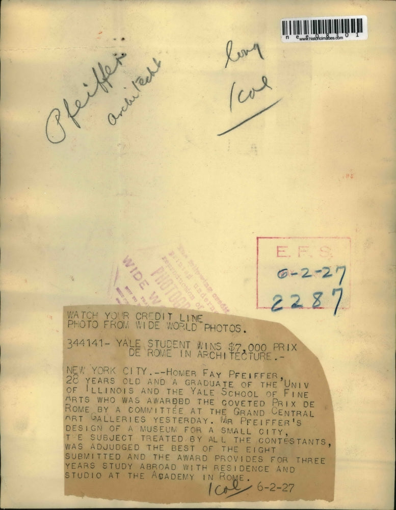 1927 Press Photo Homer Fay Pfeiffer Awarded Prix De Rome in Architecture