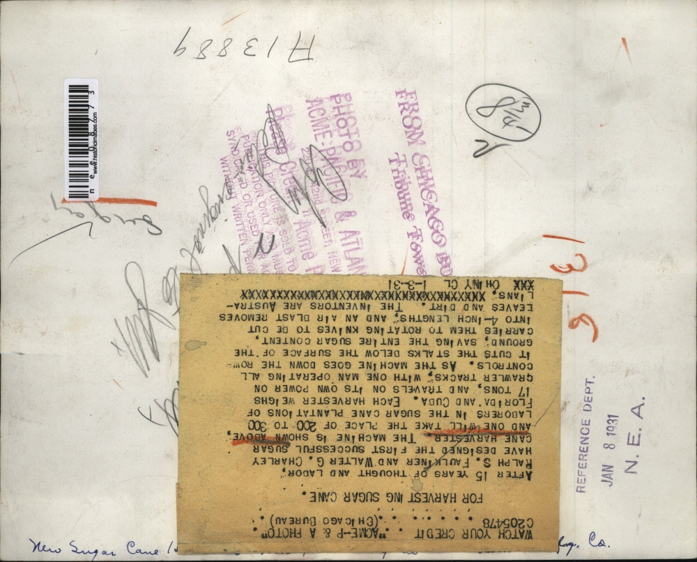 1931 Press Photo of a machine that harvests sugar cane. - nee08773