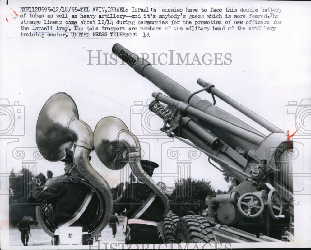 1956 Press Photo Israel's enemies have to run into a Anti Aircraft fun & a band